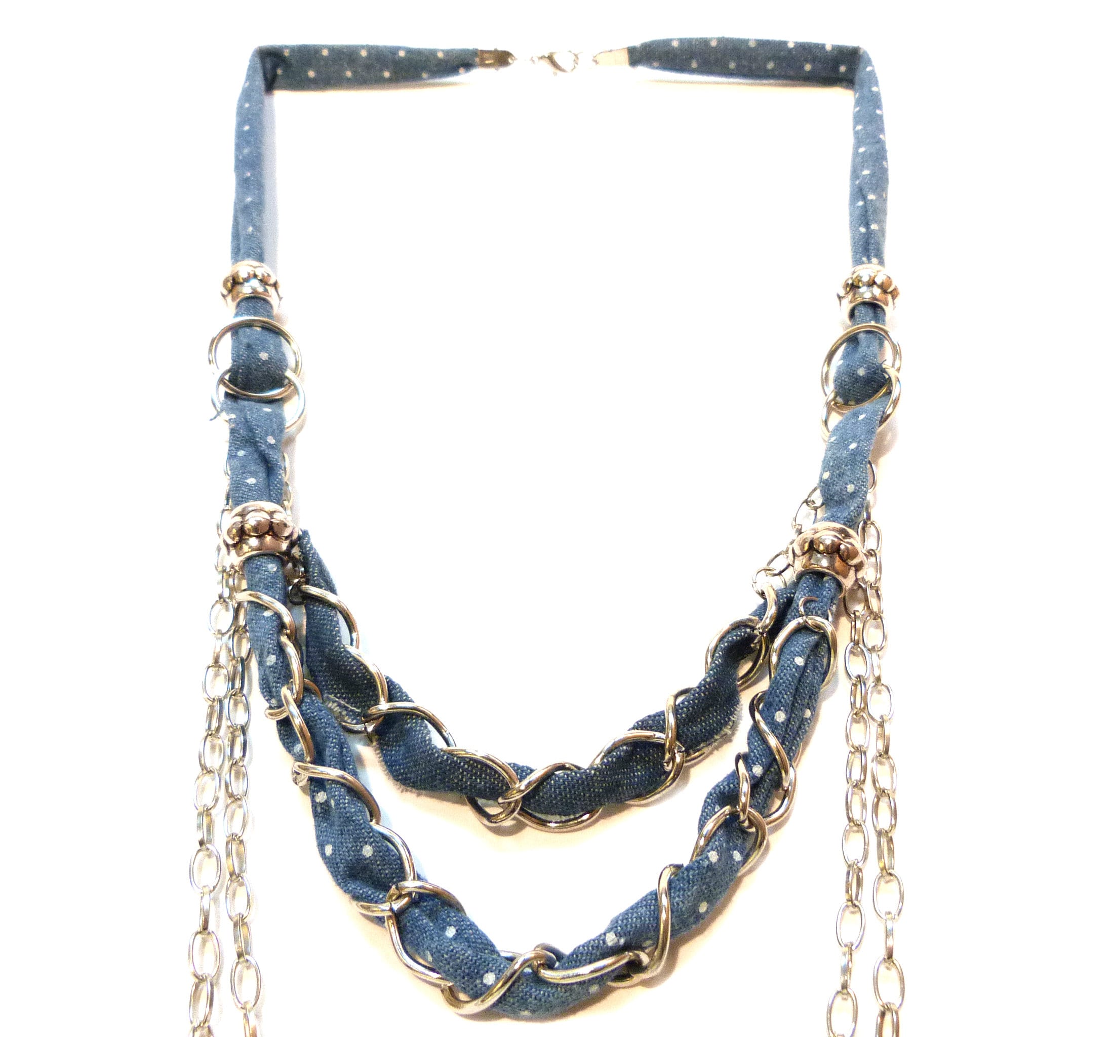 Collier Sautoir Bleu & Argenté à Pois Blancs - Idée Cadeau Ou Soirée - Neuf