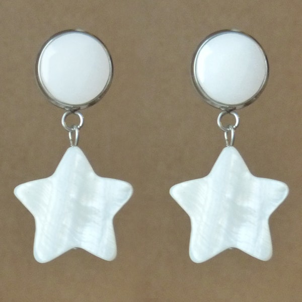 boucles d'oreilles classique minimaliste rond nacre étoile blanche acier inoxydable