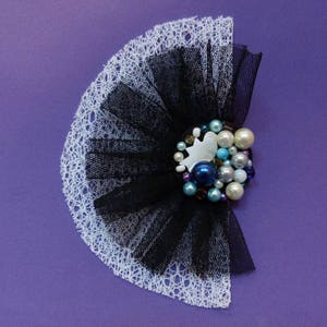 Large black fan-shaped brooch in tulle, mother-of-pearl bird, blue beads image 1