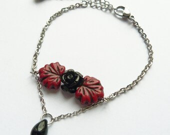 Dames retro gothic zwarte roos donkerrode bladeren armband, roestvrijstalen ketting