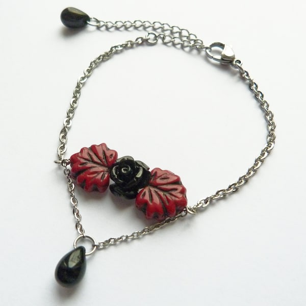 Bracelet femme rétro gothique rose noire feuilles rouge foncé, chaine chainette acier inoxydable