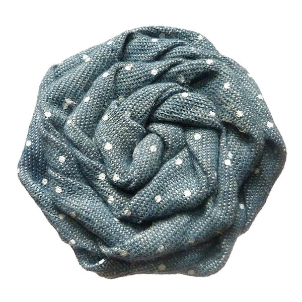 Barrette fleur plate bleu, fleur ronde en jean, tissu pois blanc