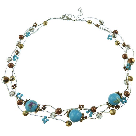 Collier Ras De Cou Fantaisie, Perles Facettées Et Papillons, Bleu Transparent Et Marron - Neuf Sans Emballage