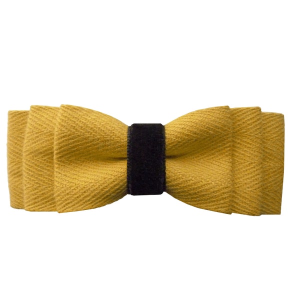 Pince à Cheveux noeud papillon coton jaune moutarde et velours noir classique, Barrette Française