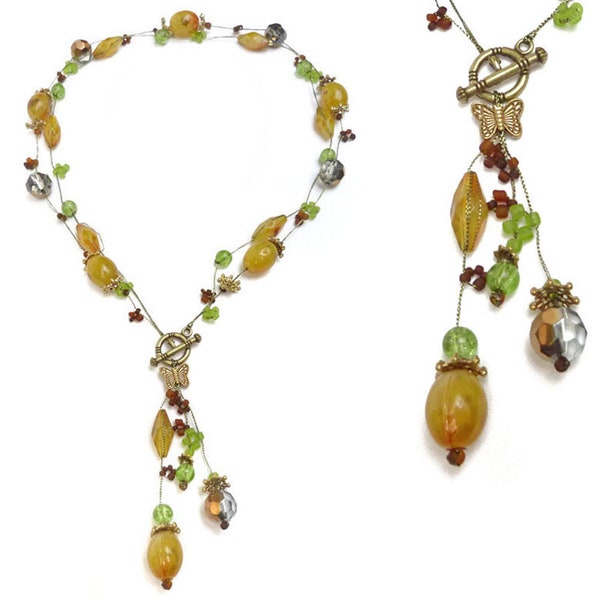 Collier femme ras de cou - Fils Dorés Perles jaune moutarde et vert