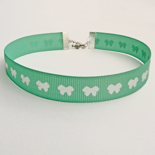 Collier choker large ras du cou bleu vert à petit noeuds blanc / fille ou femme / style mignon kawaii