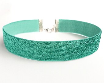 Wide choker necklace sequined velvet blue green / girl or woman / princess style sequins or for the party