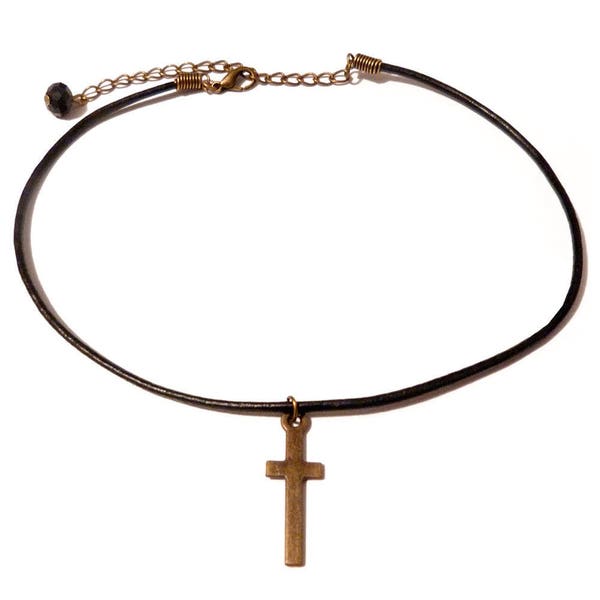 Collier en cuir noir, pendentif croix doré bronze style rock gothique