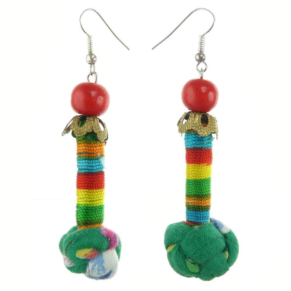 Boucles D'oreilles Pendantes Satin Bicolores Vert Et Rouge - Noeud Cordon, Fermoir Crochet, Fantaisie Femme
