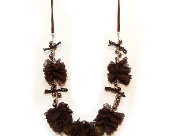 Collier Sautoir Fantaisie Marron - Perles Imitation Culture, Rubans Dentelle, Style Gothique