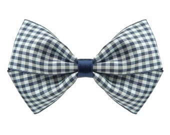 Women's bow tie barrette hair clip in blue gingham checks