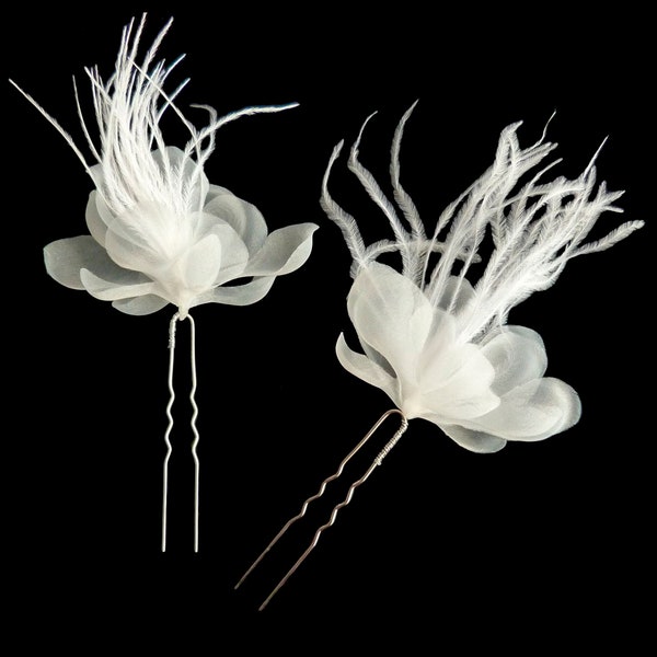 2 retro organza feather pins - Hair pins Bun hairstyle Wedding - white or ivory