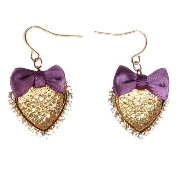 Boucles d'oreilles coeur romantique doré et petit noeud papillon en satin violet kawaii