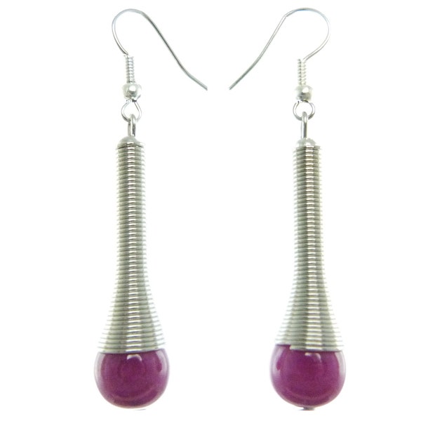 Boucles D'oreilles femme pendantes ethnique cône goutte argenté Perles violette Violine