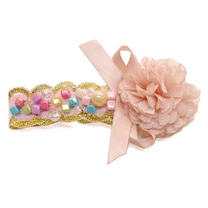 Pasador con clip para cabello fino, encaje, flor, pompón, lazo, satén, rosa salmón, cuentas multicolor