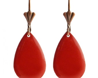 classic vermilion red drop earrings, sleeper attachments, enamel