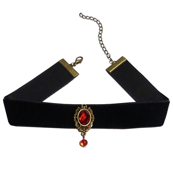 Women's choker Ras De Cou necklace - Black velvet with rhinestones and golden bronze red pearl - Gothic style