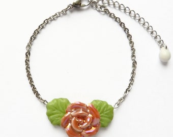 Women's bracelet retro romantic rose flower porcelain green leaves, stainless steel chain