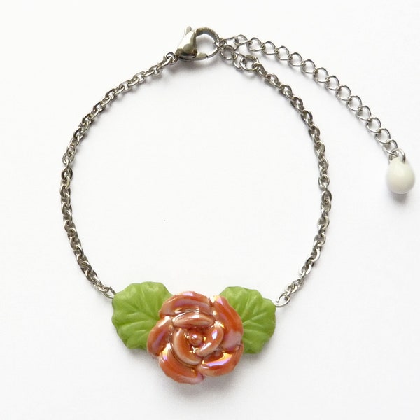 Bracelet femme rétro romantique fleur rose  porcelaine feuilles vertes, chaine chainette acier inoxydable
