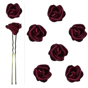 6 Dark Burgundy Red Satin Rose Wedding Hair Pins Flowers Bridal Hair Accessories Hair Pins
