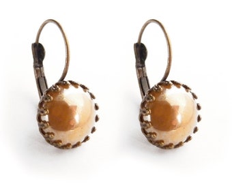 Boucles d'oreilles dormeuses bronze ou argentées rétro cabochon jaune orange