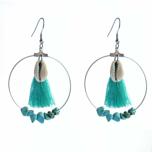 Boucles D'oreilles femme créoles coquillage pompon bleu turquoise