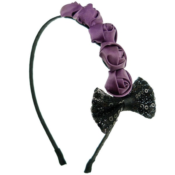 Serre-tête rétro chic noeuds papillon NOIR roses en satin VIOLET Gothique soirée