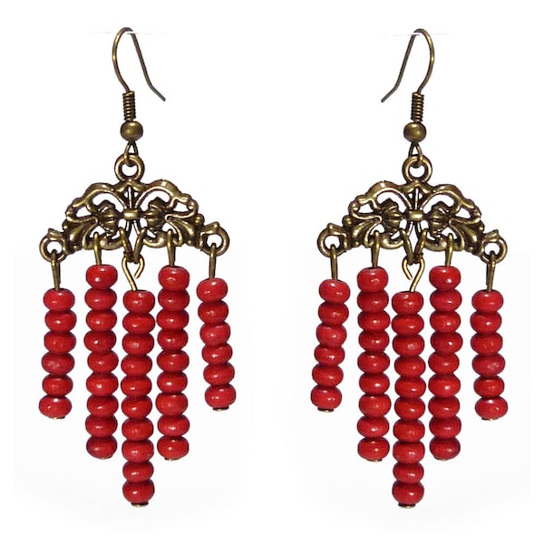 Boucles D'oreilles femme ethnique métal doré bronze Perles bois rouge légères