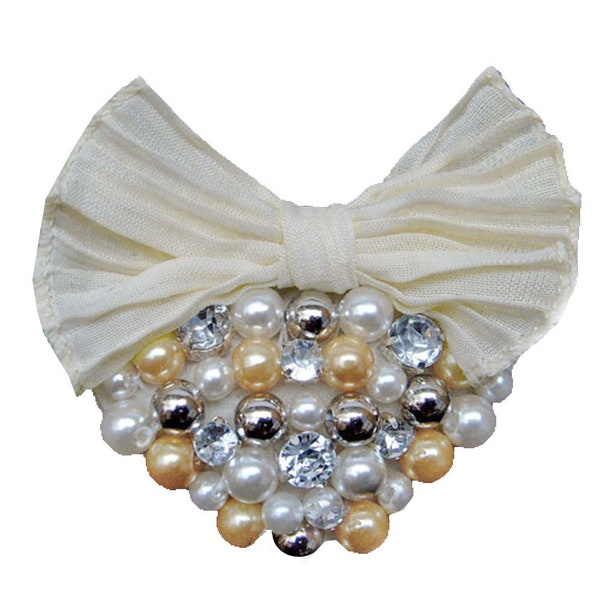 Bibi hair clip brooch HEART pearly pearls pink or yellow rhinestones - shabby chic