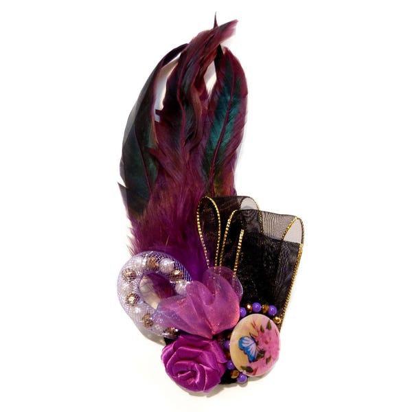 Broche pince à cheveux Folie Burlesque rubans perles plumes violet noir doré