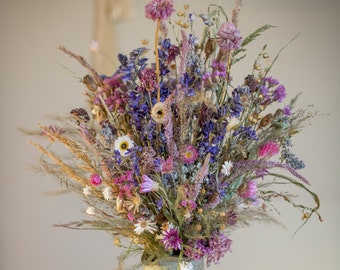 Wildflower meadow dried flower arrangements. Dried bouquet/bud vase posy in blues, pinks and purples. All British grown, naturally dried
