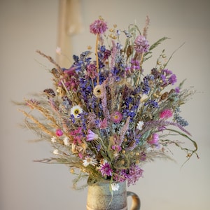 Wildflower meadow dried flower arrangements. Dried bouquet/bud vase posy in blues, pinks and purples. All British grown, naturally dried