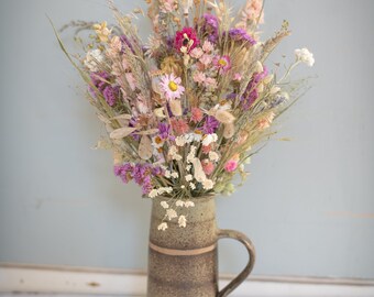 Wildflower meadow dried flower arrangements. Dried bouquet/posy in pinks, whites and purples. All British grown, naturally dried
