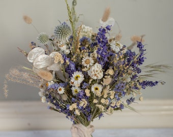 Dried flower arrangements - gift bouquet / posy / bud vase. Blue and White British grown flowers. Perfect bridal bouquet.