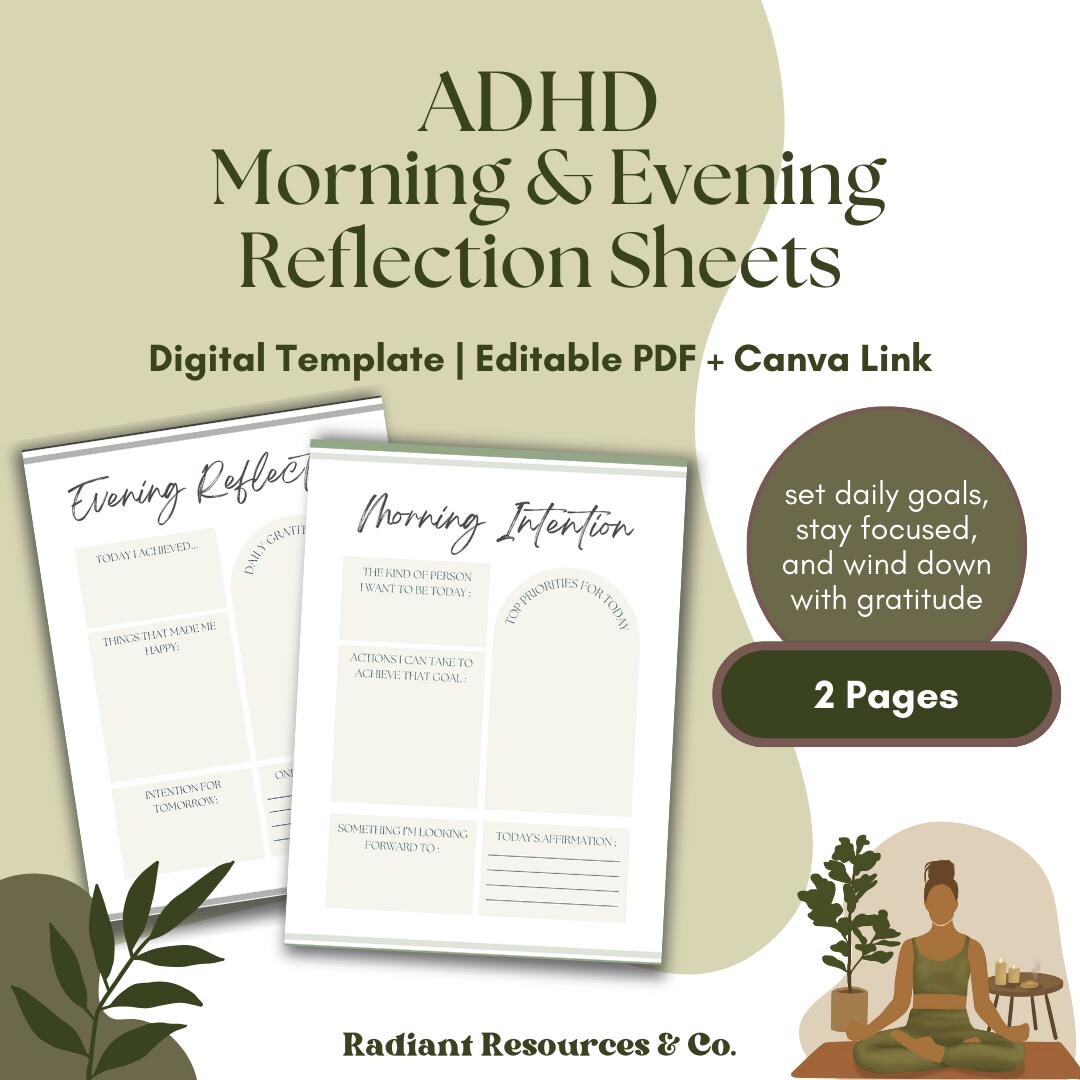 ADHD Morning & Evening Reflection Sheets: Mindful Planning (PDF + Canva ...