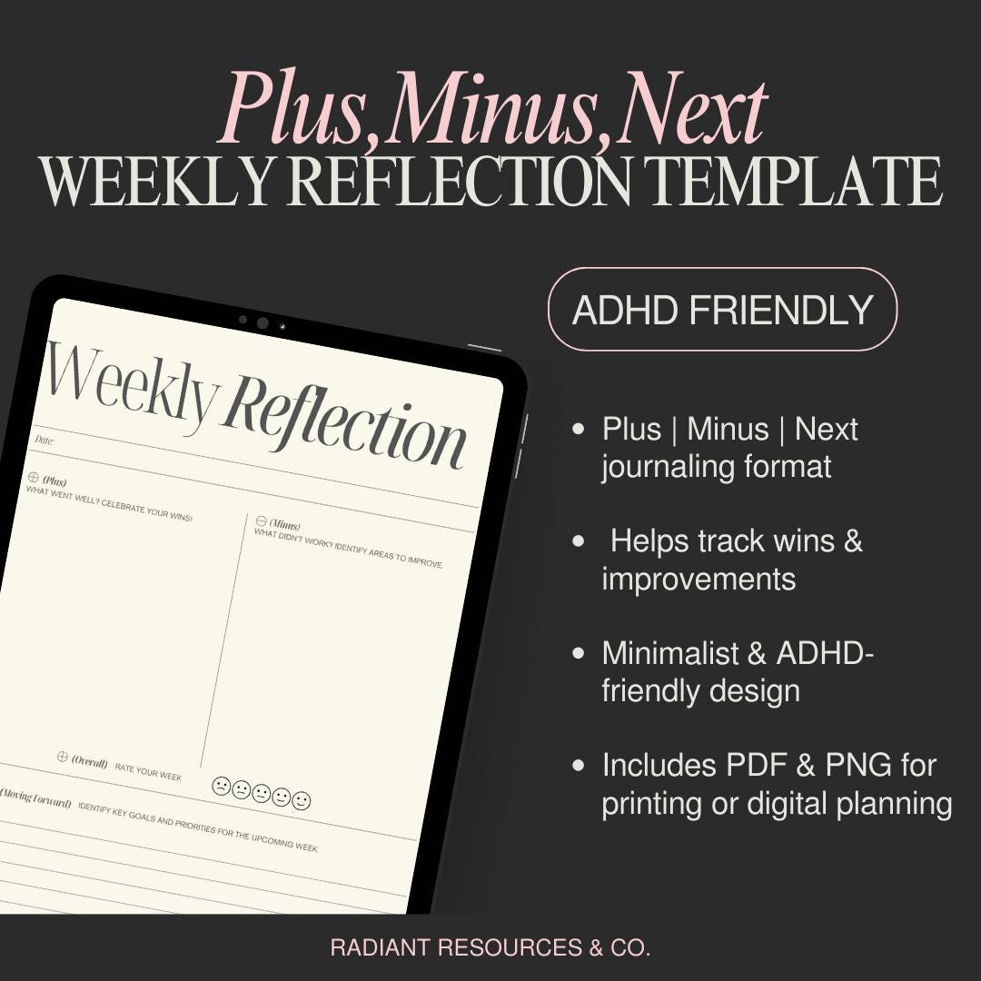 ADHD Weekly Reflection Journal: Plus Next Minus Worksheet (printable ...