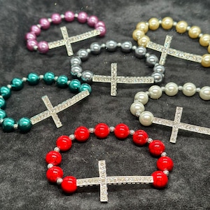 Rhinestone Pearl Cross Bracelet, Pearl Cross Stretch Bracelet, Religious Cross Bracelet, Beaded Bracelet