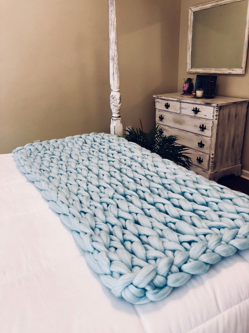 Chunky Knit Blanket ice blue light blue Chunky Knit Etsy