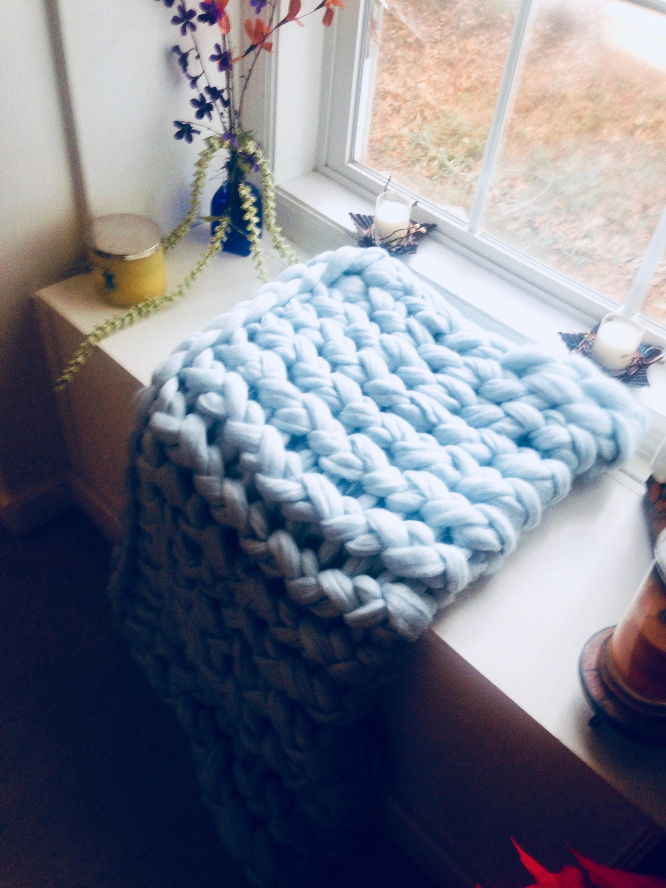 Chunky Knit Blanket ice blue light blue Chunky Knit Etsy