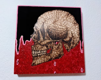 Wood burned artwork 6"x6" – "Neon Death"