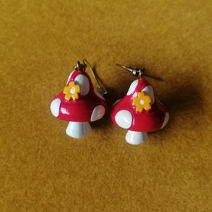 Cottagecore Toadstool Drop Earrings: Whimsical Red Mushroom Jewelry