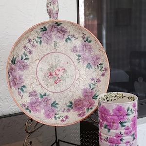 Kitchen décor: pan - metal can - Purple Flowers - Vintage feel - Home decoration - set/2 items