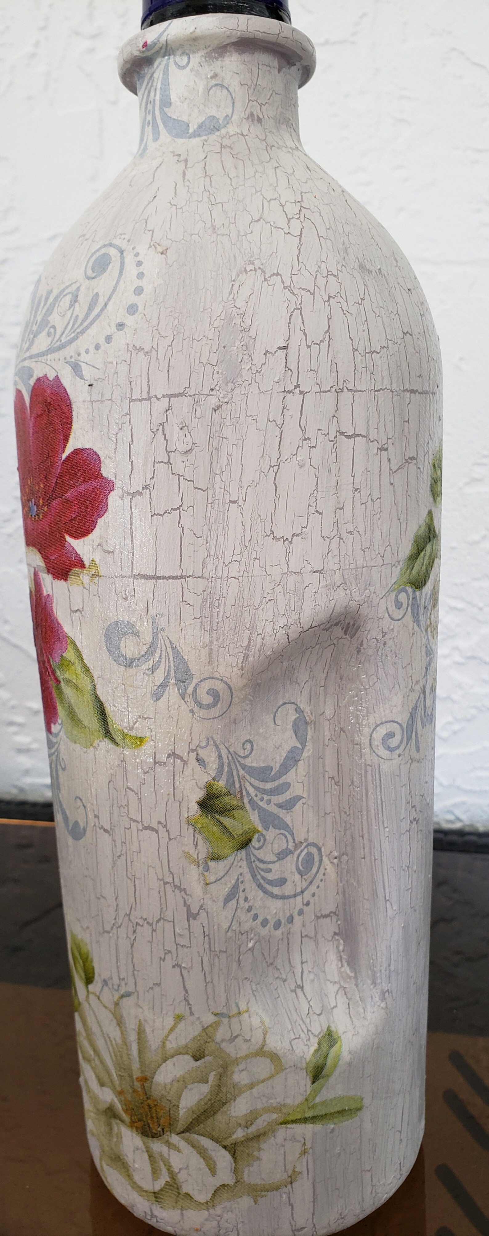 Glass Bottle decoupage crackle effect red beige flowers Etsy