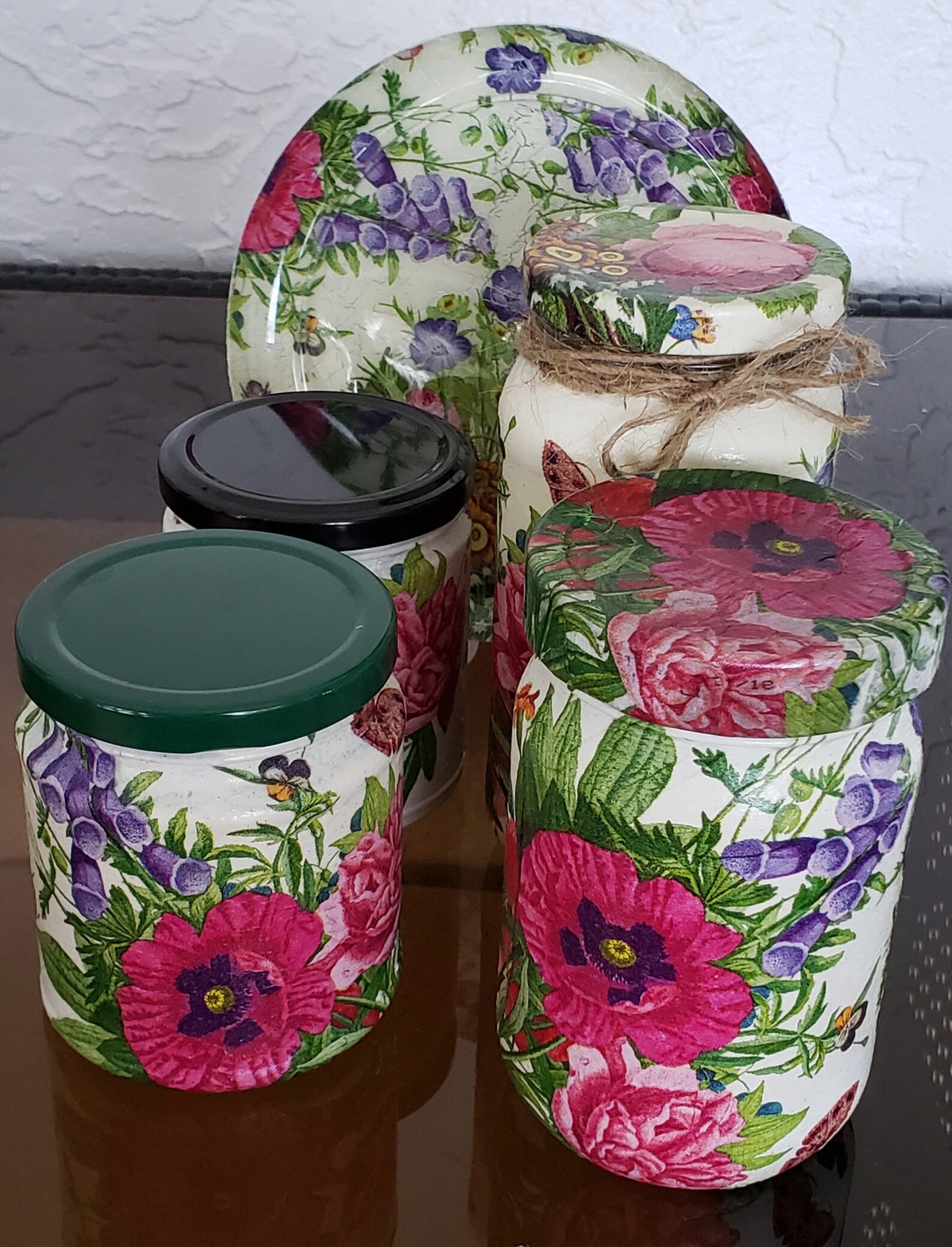 Set of 5 / jars with lids and plastic plate Decoupage Gift Etsy