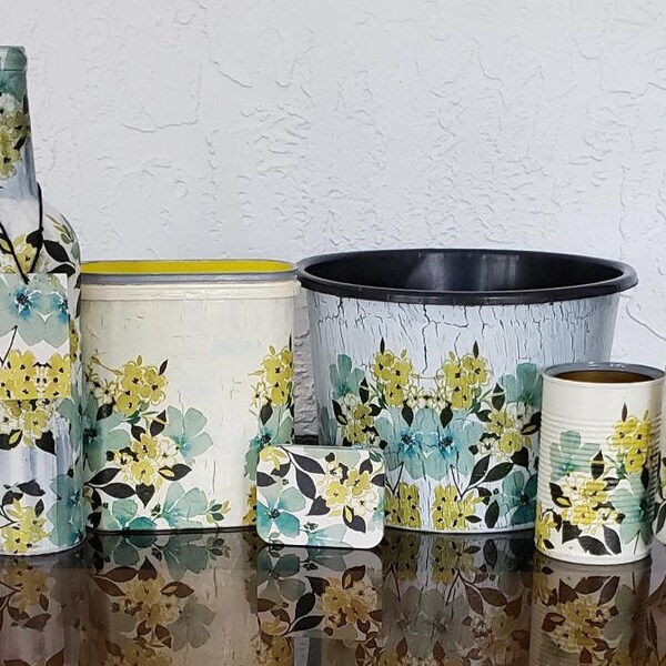 Flores Azul Verde - Cubos, Botellas, Frasco, Latas decoradas - decoupage - decoración del hogar - juego de 7 artículos