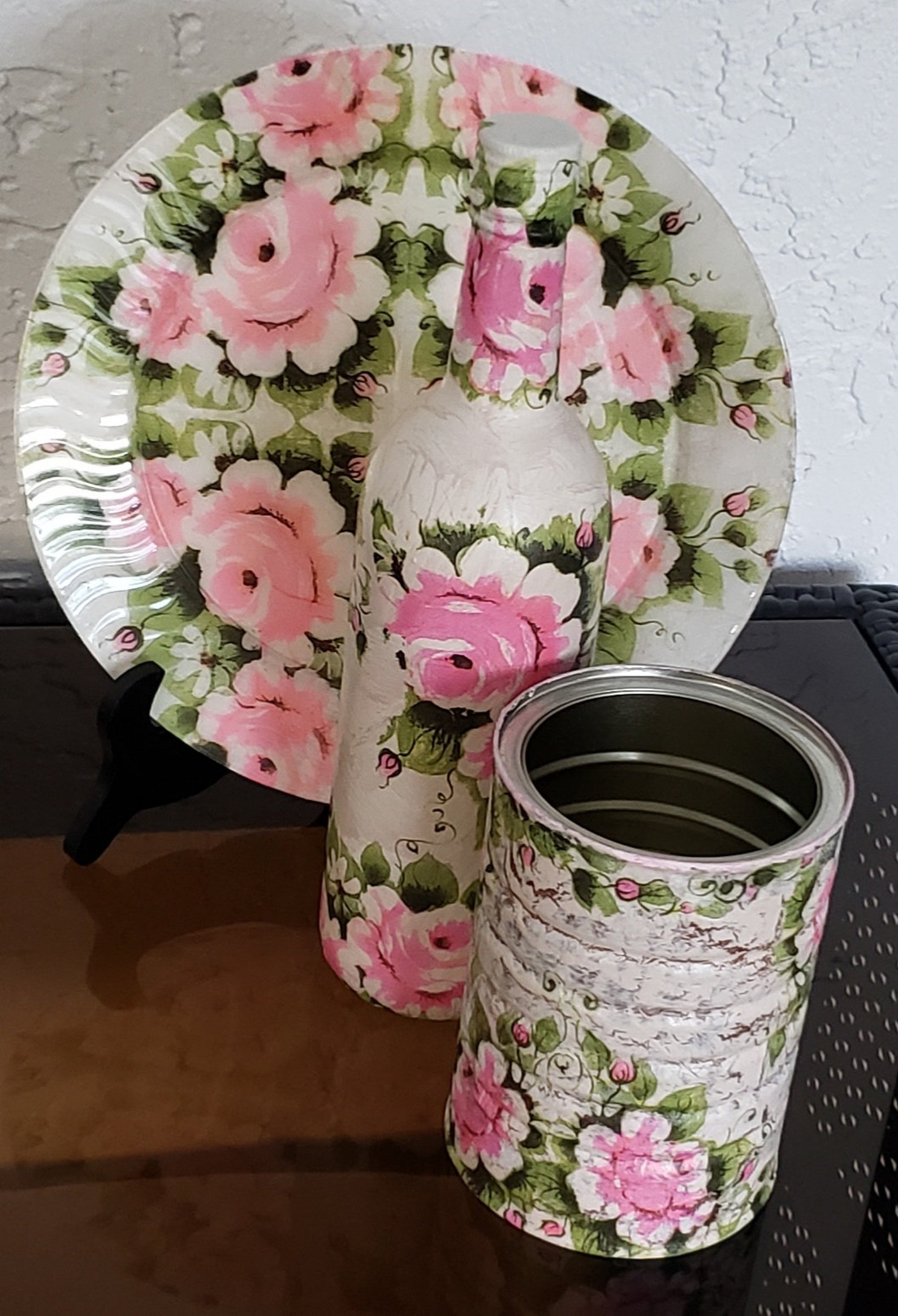 Set of 3 decoupage bottle plastic plate can pink Etsy