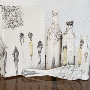 Kitchen - Decoupage - 3 bottles - box - wooden spoon - kitchen décor - housewarming gift - centerpiece - DIY - up/recycle - set of 5 items