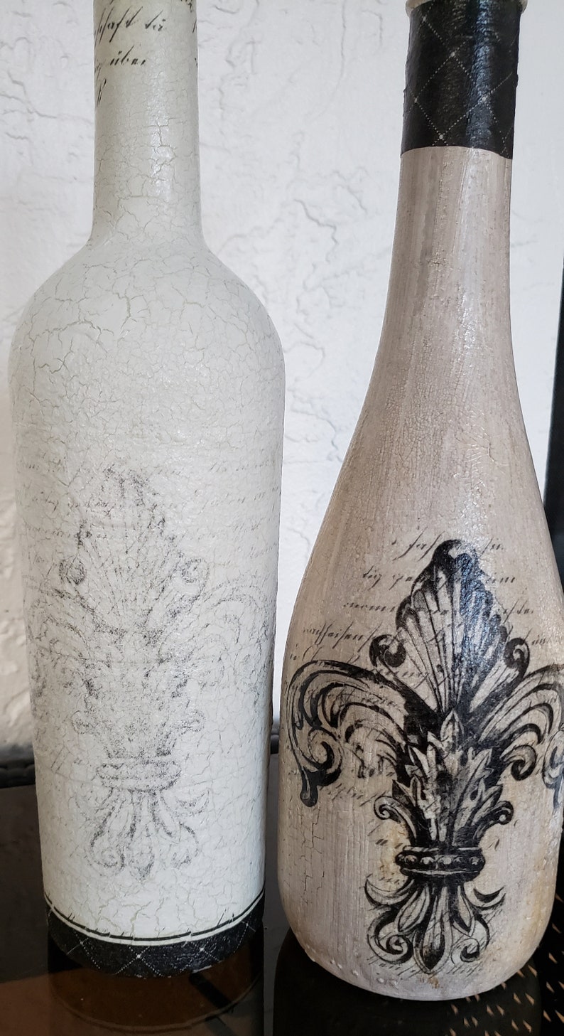 Black Bottles Decoupage Black Beige Crackle Effect Kitchen Décor Bar Décor Home SET of 2 Items