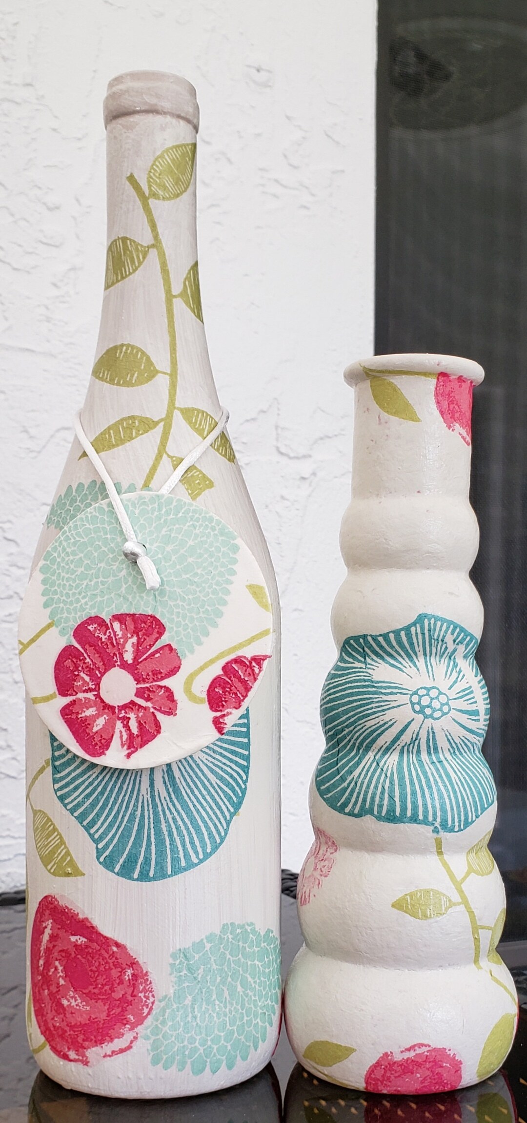 Blue Teal Glass Bottle and Glass Vase Decoupage Green Etsy