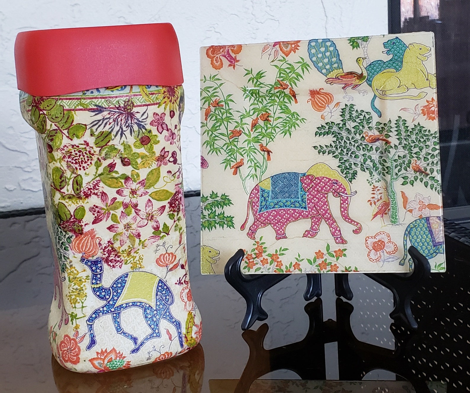 Set/2 Decoupage PINK elephants napkin Glass Jar with Red Etsy